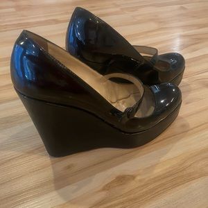 Christian Louboutin Black Patent Leather Mary Jane Wedges size 37 NEED REPAIR.